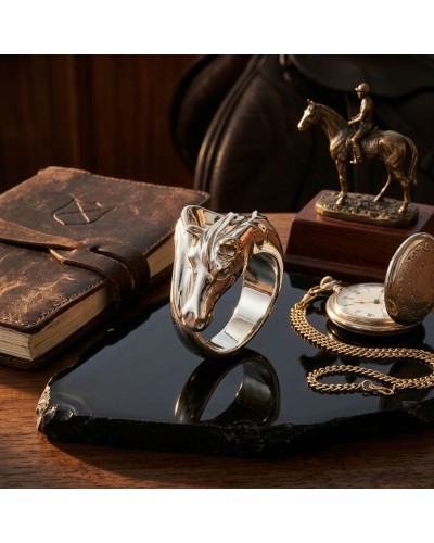 Bague homme VAINQUEUR en métal argenté posée sur une plaque noire, entourée d’une pochette et d’un cheval miniature, montre-gous