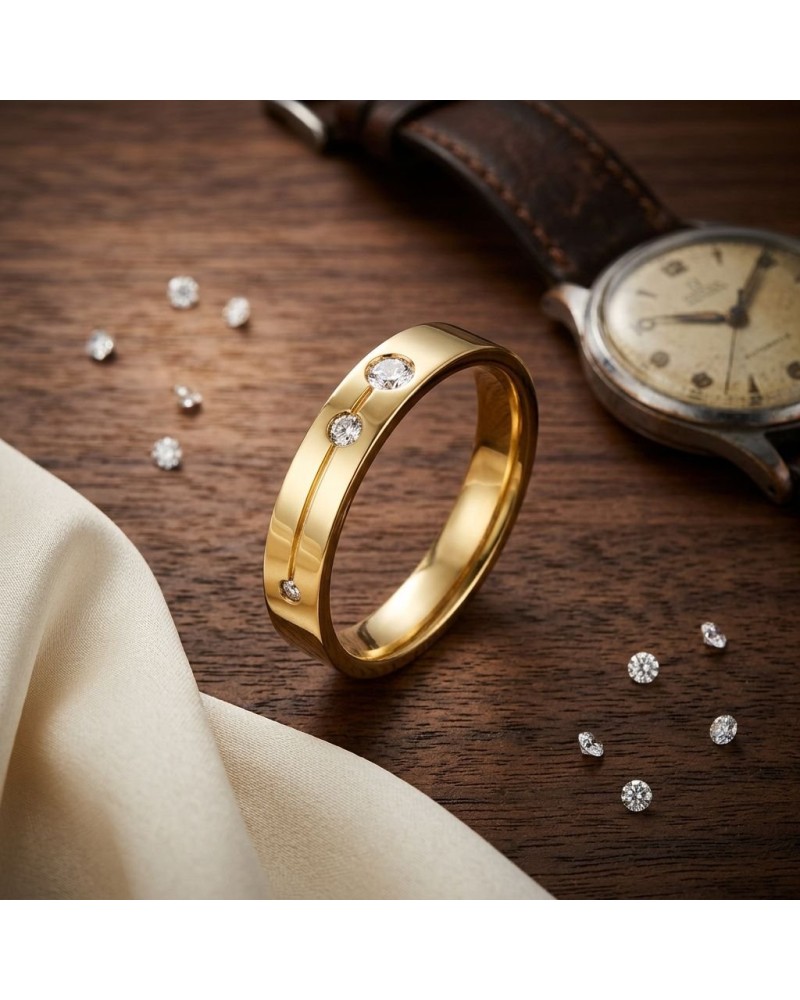 Alliance homme en or avec ligne gravée sertie de 3 diamants et petitesgemmes autour, montre ancienne en arrière-plan.