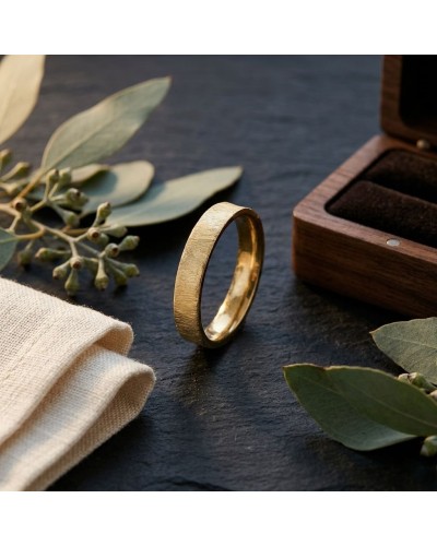 Alliance effet givré homme en or: bague masculine dorée posée sur une surface sombre, avec boîte cadeau en bois et feuilles déco