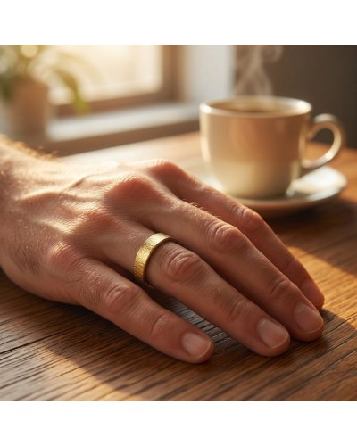 Alliance homme en or simple et mat posé sur le dos de la main gauche, près d’une tasse fumante sur une table en bois.
