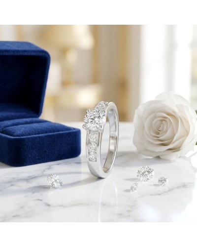 Alliance ATHENA en or et diamants pour femme, bague élégante artisanale avec pierres brillantes, accompagnée d’un écrin bleu et