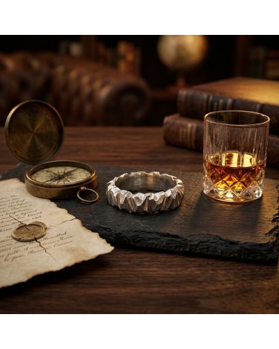 ALLIANCE MARROW HOMME: verre de whiskey, bracelet en métal, vieux compas et lettre antique sur un plateau en bois, ambiance bibl