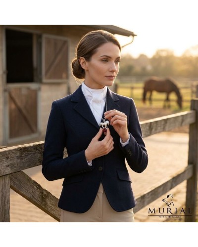 Femme portant blazer bleu et chemise blanche,Tenant un pendentif cheval antique sur une chaîne près d’une écurie au coucher du s
