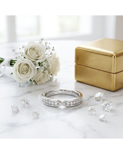 Alliance ARI femme en or: bague argentée ornée de diamants, entourée de fleurs blanches et bijoux brillants sur un marbre, boîte