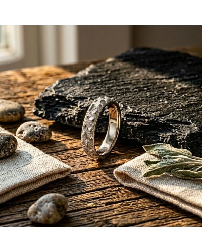 Alliance RHINOCÉROS homme en or: bague argentée gravée posée sur pierre avec textile et pierres цвет.