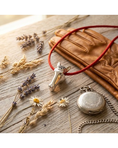 Pendentif QUÉROL en forme de tête de cheval argenté sur cordon rouge, posé près d’un gant de cuir et d’une montre-gousset sur un