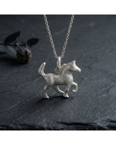 Pendentif HOPE en forme de cheval argenté sur chaîne, posé sur une surface sombre.