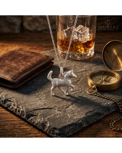 Pendentif cheval argenté HOPE sur chaîne, posé sur une pierre sombre avec carnet en cuir et boussole ancienne à côté.