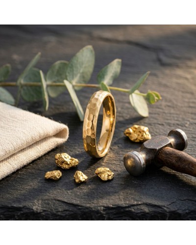 Alliance homme en or bombée avec un effet martelé posé sur une surface sombre, entourée de petits éclats dorés et d’un maillet.