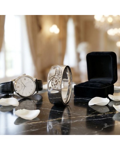 Alliance homme en or sertie de 15 diamants avec montre noire et coffret sur table de marbre, pétales blancs de fleur.