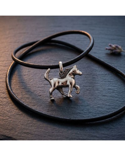 Pendentif cheval argenté sur cordon cuir noir, fermoir argent, collier simple et élégant. Pendentif HOPE cordon cuir fermoir arg