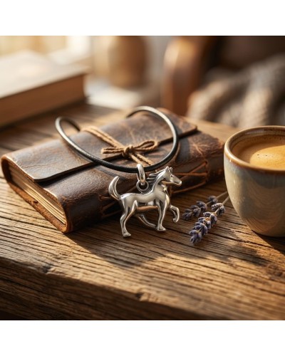 Pendentif cheval argenté sur cordon noir, posé sur livre cuir avec cordelette; tasse de café et brins de lavande au décor.