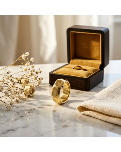 Alliance en écrou lisse homme en or posée sur marbre près d’un coffret prêt à recevoir une bague, avec fleurs séchées en arrière