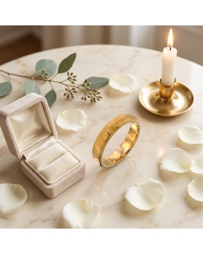 Alliance FLASH 4 mm femme en or: bracelet doré texturé posé sur marble, entouré de pétales blancs, avec boîte à bijoux et bougie