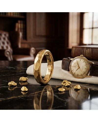 Bracelet en or 4 mm et montre vintage dorée posés sur une table noire, avec petits morceaux d’or au premier plan. Alliance FLASH