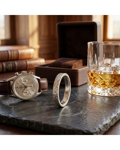 Alliance GOUTTE 4 mm Homme en or: montre chic et bracelet en or à côté d’un coffret et d’un verre de whisky sur une table.