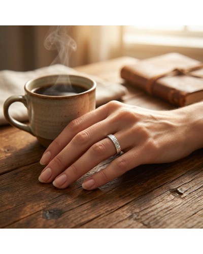 alliance GOUTTE 4 mm Femme en or: doigt portant une bague argentée à motif goutte sur une main posée près d'une tasse fumante et
