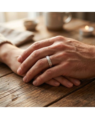 Alliance ECORCE 4 mm Homme ou: une main masculine portant une bague argentée texturée sur l’annulaire, posé sur une table en boi