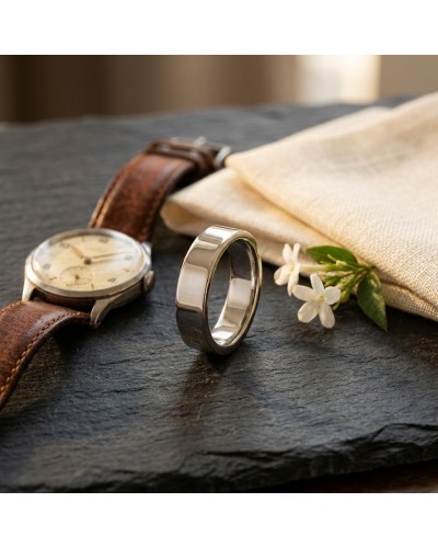 Alliance MATRIX lisse 6 mm homme en or: bague argentée posée près d’une montre vintage à bracelet cuir et fleurs blanches.