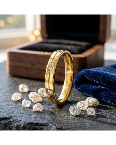 Alliance homme en or avec gravure et trois diamants, présentée près d’un coffret en bois et éclats de diamant.