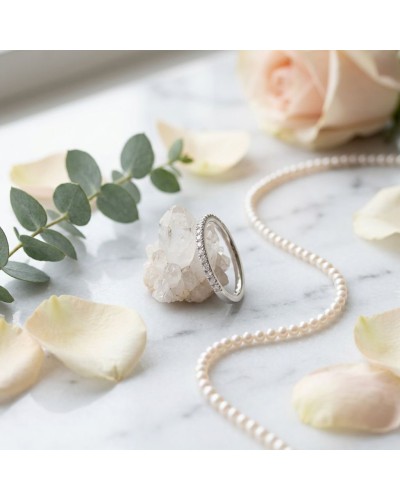 Alliance argentée avec pierres 2 mm et perles, bouquet de roses et éclat cristal sur marbre.