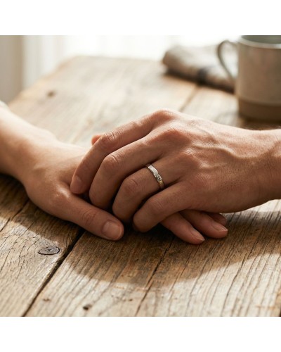 Alliance MATRIX lisse 2 mm homme en or: deux mains jointes sur table en bois, bague argentée brillante visible.