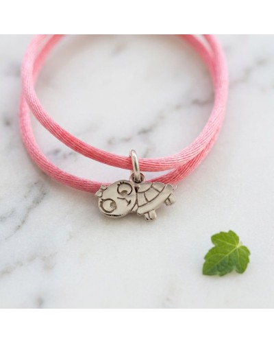 Bracelet en corde rose avec pendentif tortue en métal argenté, style enfant/miroir, produit Bracelet BB TORTUE.