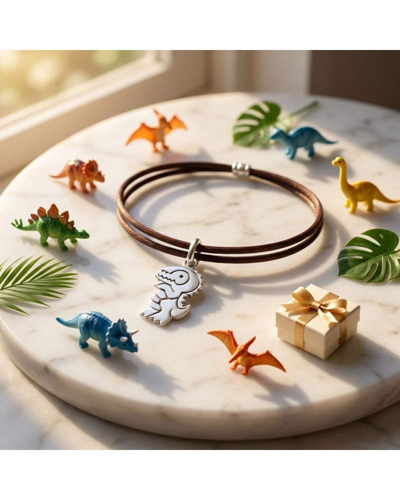 Bracelet BB DINO en cuir marron avec pendentif dinosaure blanc, entouré de figurines miniatures et un petit cadeau sur une table