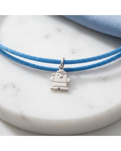 Bracelet bleu à cordon avec pendentif charm petit bonhomme argenté, nom de produit Bracelet BB UN GARS.