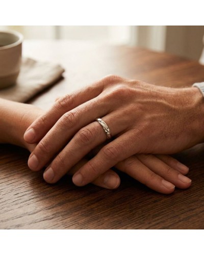Alliance Homme en or: deux mains jointes sur une table, focus sur une bague en argent sur l’annulaire.