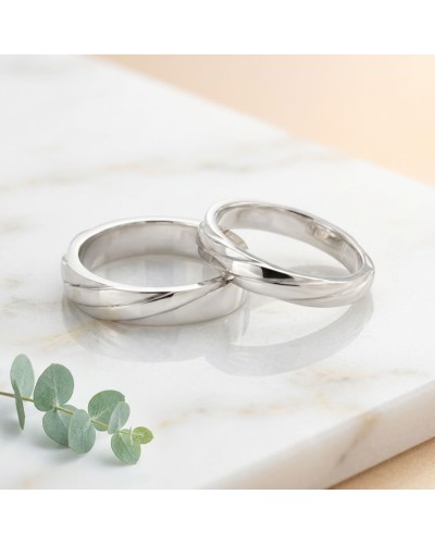 Alliance ENTLACE Homme en or: deux anneaux en métal argenté posés sur une surface claire avec une petite branche de eucalyptus a