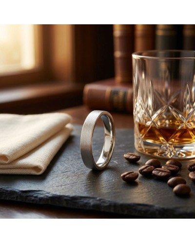 Alliance homme en or brossé posé sur un plateau sombre, avec verre à whisky, grains de café et tissu beige.