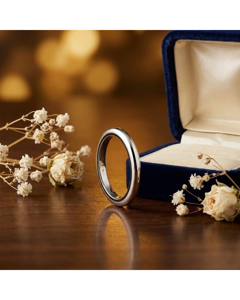 Alliance homme en or argenté posé près d'une boîte à bijoux bleue, fleurs blanches en décor élégant.