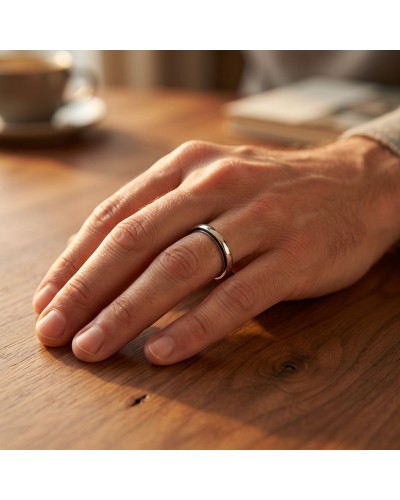 Alliance MODESTE Homme en or: doigt masculin porte une bague argentée sur le doigt annulaire.