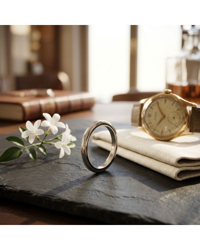 Alliance MODESTE Homme en or: bague argentée au premier plan, montre dorée vintage et fleurs blanches sur une nappe et pierre so