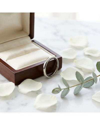 Alliance MODESTE Femme en or : alliance argentée sur socle en bois dans boîte beige, pétales et feuilles autour.