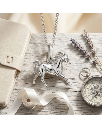 Pendentif cheval argenté sur chaîne, style LITTLE PACHA, posé près d’un carnet beige et d’une boussole ancienne.