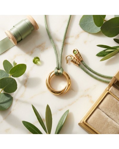 Pendentif ANNEAU ZOOM en or avec cordon vert, entouré d’olives et de ruban, présenté sur marbre.
