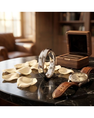 Alliance TRESSE Homme en or: montre en cuir et bague argentée sur table en marbre avec boîte en bois et pétales blancs