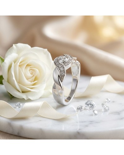 Alliance SOL TRESSE demi-empierrée: bague argentée en forme torsadée avec diamants, près d'une rose blanche et rubans.