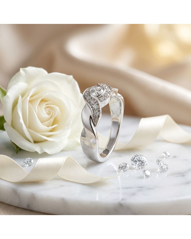 Alliance SOL TRESSE demi-empierrée: bague argentée en forme torsadée avec diamants, près d'une rose blanche et rubans.