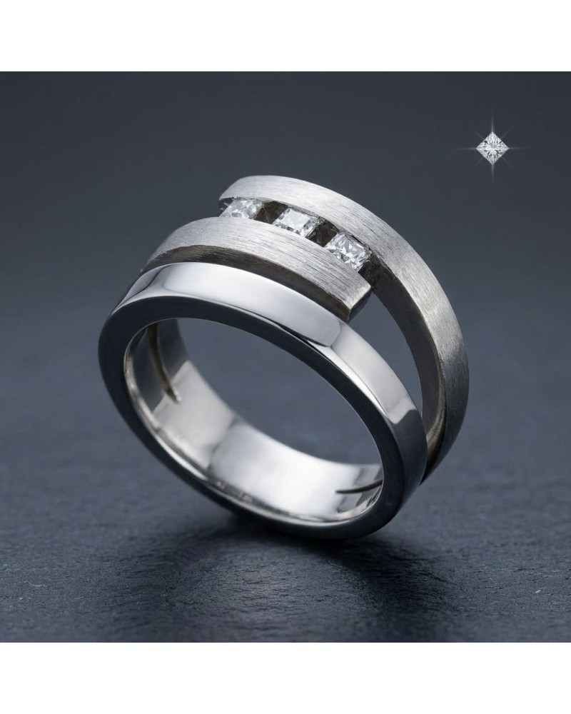 Alliance TRILOGIE homme en or: bague masculine moderne en acier et or avec rangée de pierres brillantes, sur fond sombre.