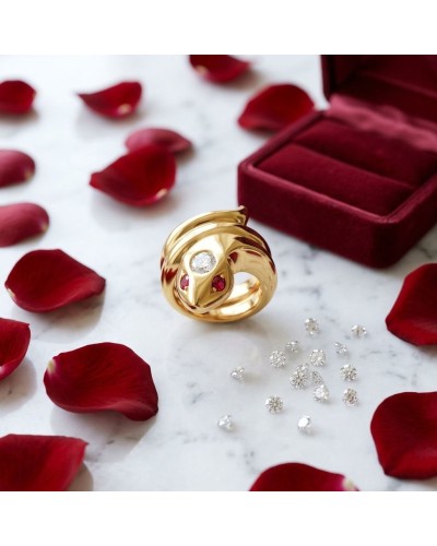 Bague KAA en or jaune sculptée, avec diamants et pierres rouges, posée sur marbre entourée de pétales rouges et boîte velours.