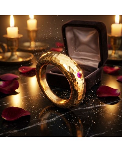 Bague épaisse en or martelé avec pierre rose sur fond de coffret velours et bougies, ambiance romantique DEMI JONC