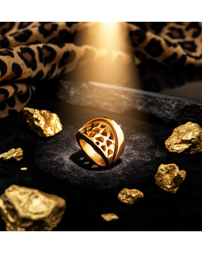 Bague dorée avec motif perforé, entourée de pierres dorées sur fond noir, éclairage spotlight brillant.
