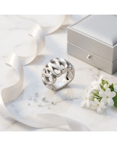 Bague TORTILLAS argent sculpturale entourée de petites diamants sur marbre, près d’un coffret blanc et d’un ruban.