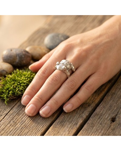Bague argentée en forme de grenouille posée sur le doigt, près de pierres et de mousse sur une planche de bois.