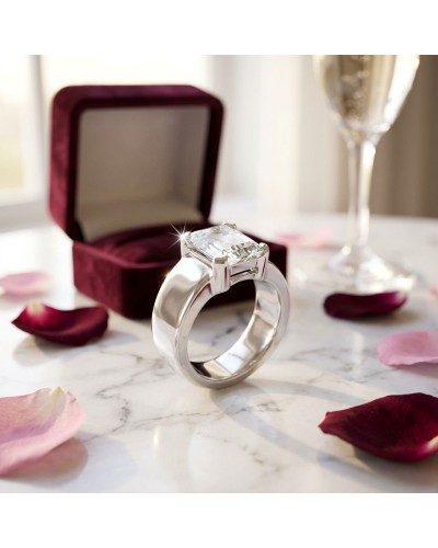 Solitaire CLASSIC THREE: bague en argent avec pierre centrale taillée, dans une boîte velours bordeaux, sur surface marbrée avec