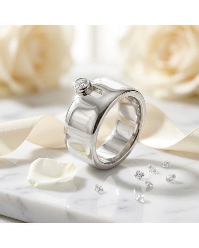 Bague ZYGOTE en métal argenté brillant avec pierre centrale incrustée, entourée de pétales et petits diamants sur marbre blanc.