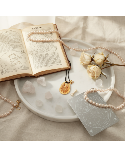 Pendentif zodiaque Cancer avec cordon et fermoir offert, posé sur une assiette blanche entourée de perles et d’un livre ouvert.